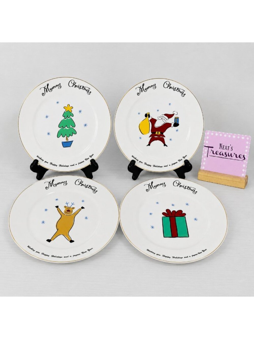 2001 Merry Brite MERRY CHRISTMAS Reindeer Package Santa Dinner Plates Set of 4